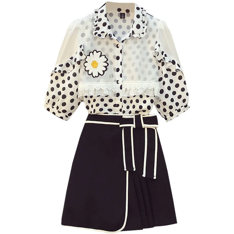 

100KG Weight Women Summer Slimming Waist Young Fashion Stitching Chiffon Shirt Irregular Short Skirt Two-piece Suit Dot Printing