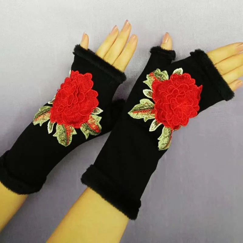 

Women Winter Spring Fingerless Gloves Short Arm Sleeves Female Arm Warmer Hand Warmer Mittens Floral Embroidery Guantes Mujer