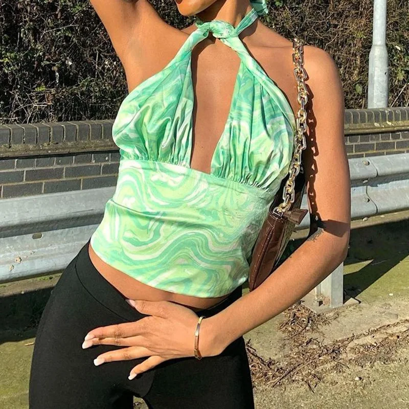 

Y2K Paisley Printed Green Cropped Halter Tops Sexy Vintage Harajuku Cute Clothes Summer Aesthetic Retro Outfits