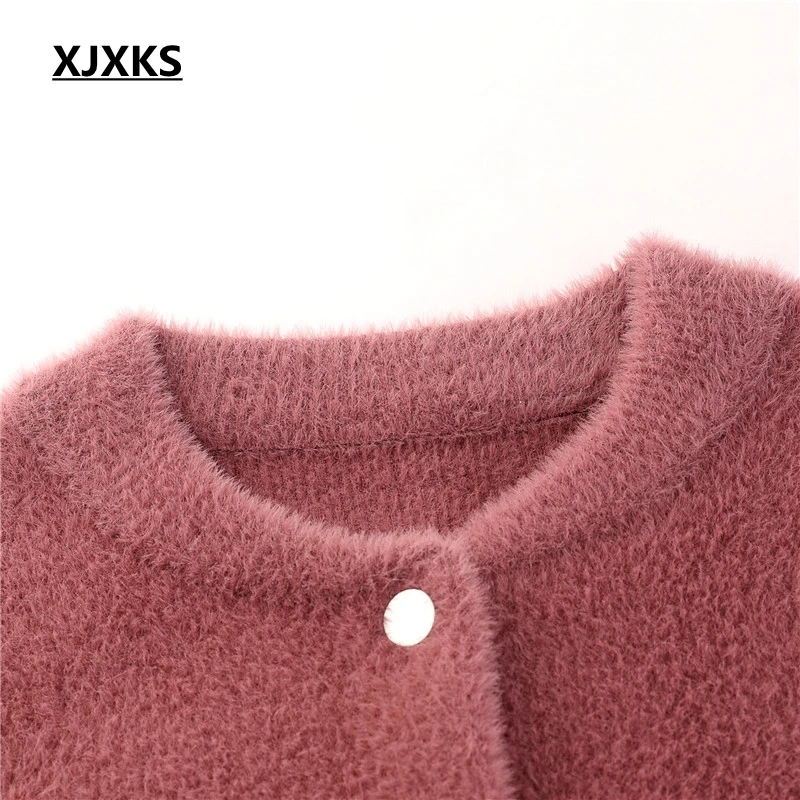 XJXKS Sueter Mujer Invierno плюс размер кардиган Повседневный круглый вырез длинный рукав однобортный пушистый женский свитер пальто