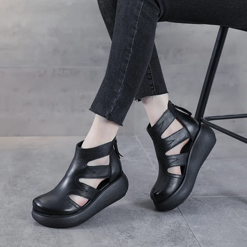 

Roman Shoes Women's Summer Top Layer Cowhide Women's Shoes 2021 New High-top Leather Wedge Sandals Thick-soled Baotou Sandals