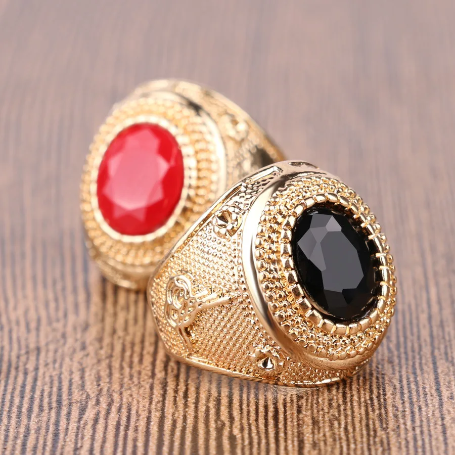 Мужские кольца золотого цвета Винтажные Ювелирные изделия черные красные