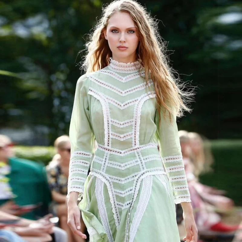 Новейшее Модное Стильное сексуальное винтажное зеленое платье с высоким воротом