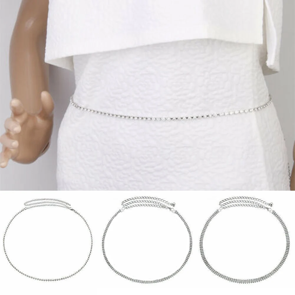 

Women Charm Waist Chain Anniversary Evening Party Jewelry Cocktail Silver Gift Long Belt Crystal Rhinestone Accessory Sexy