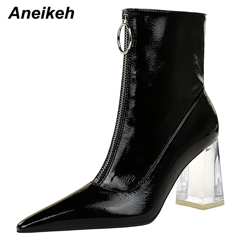 

Женские осенние ботинки Aneikeh на квадратном каблуке с кристаллами, 2021, привлекательные ботильоны с острым носком, женские ботинки на высокой ...