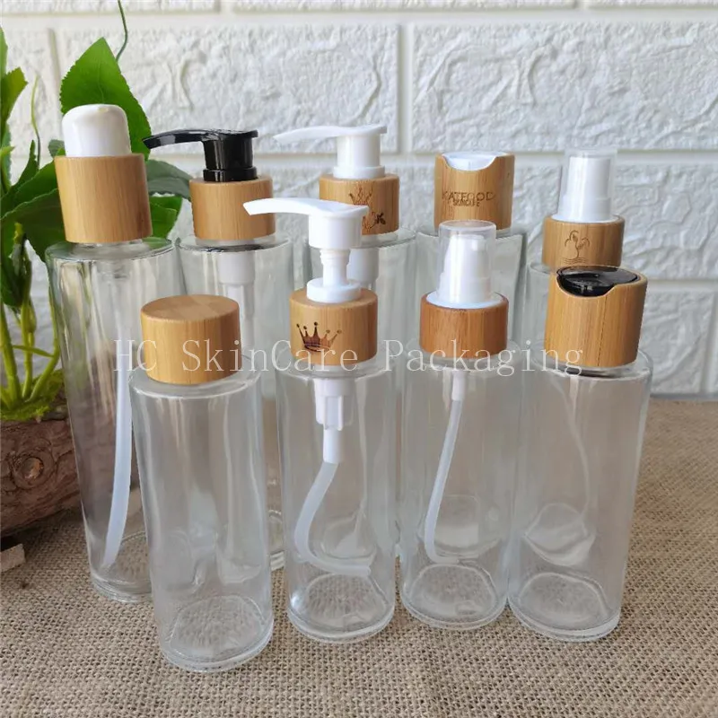 

88pcs/lot 100ml 120ml 150ml luxury bamboo wood lid clear glass pump perfume bottle with bamboo Lotion bottles
