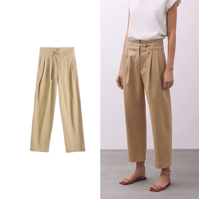 

TRAF Za 2021 Women Pants Autumn New Waist Pleated Straight Long Pants For Women Casual Fashion Streetwear Style Trousers