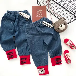 Tonytaobaby Autumn and Winter New Boys and Girls Black Bear Red Thread Blue Jeans Pants