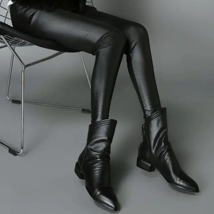 Fujin/Женская обувь на высоком каблуке Короткие сапоги-трубы Однотонная кожаная