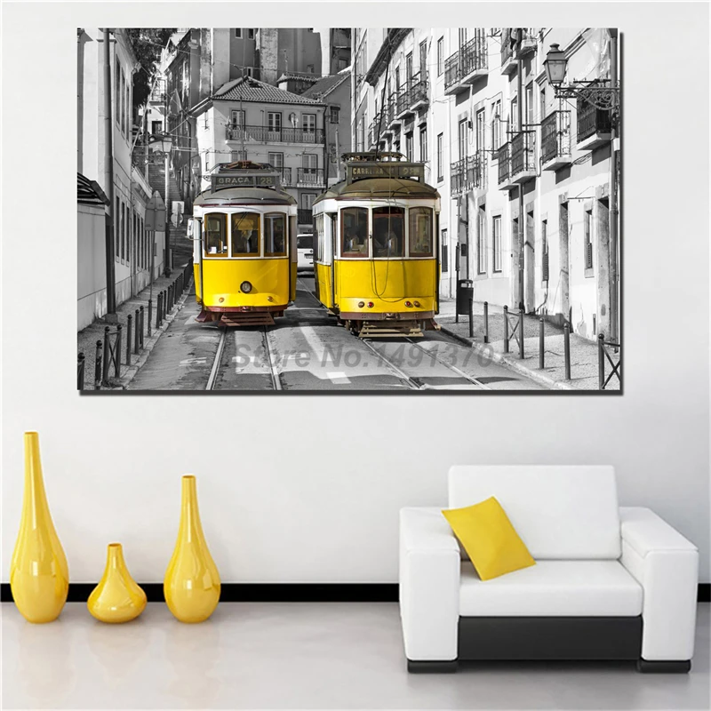 Желтый ТРАМ Лиссабон постер картины Lack и белого цвета на холсте современные