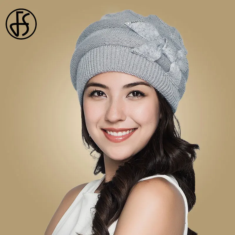 Light Gray Knit Hat FS, женские вязаные шапки, зимние, красные, бежевые, утолщенные, элегантные, повседневные, из кроличьей шерсти, шапка, женские, Skullies Beanies для дам, Gorros Invierno - Цвет: Light Gray Knit Hat
