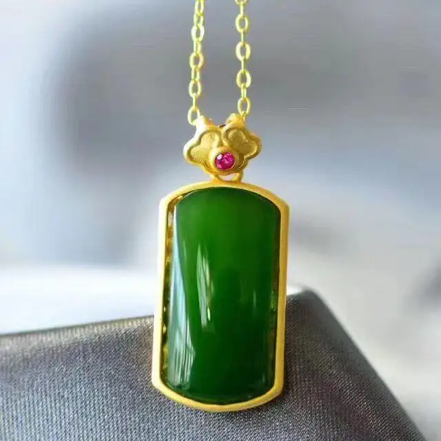 

Natural Hetian Jade Green Jade Pendant Silver Women's Gold Jade Necklace Give People Gifts for Moms Clavicle Chain Han Chinese