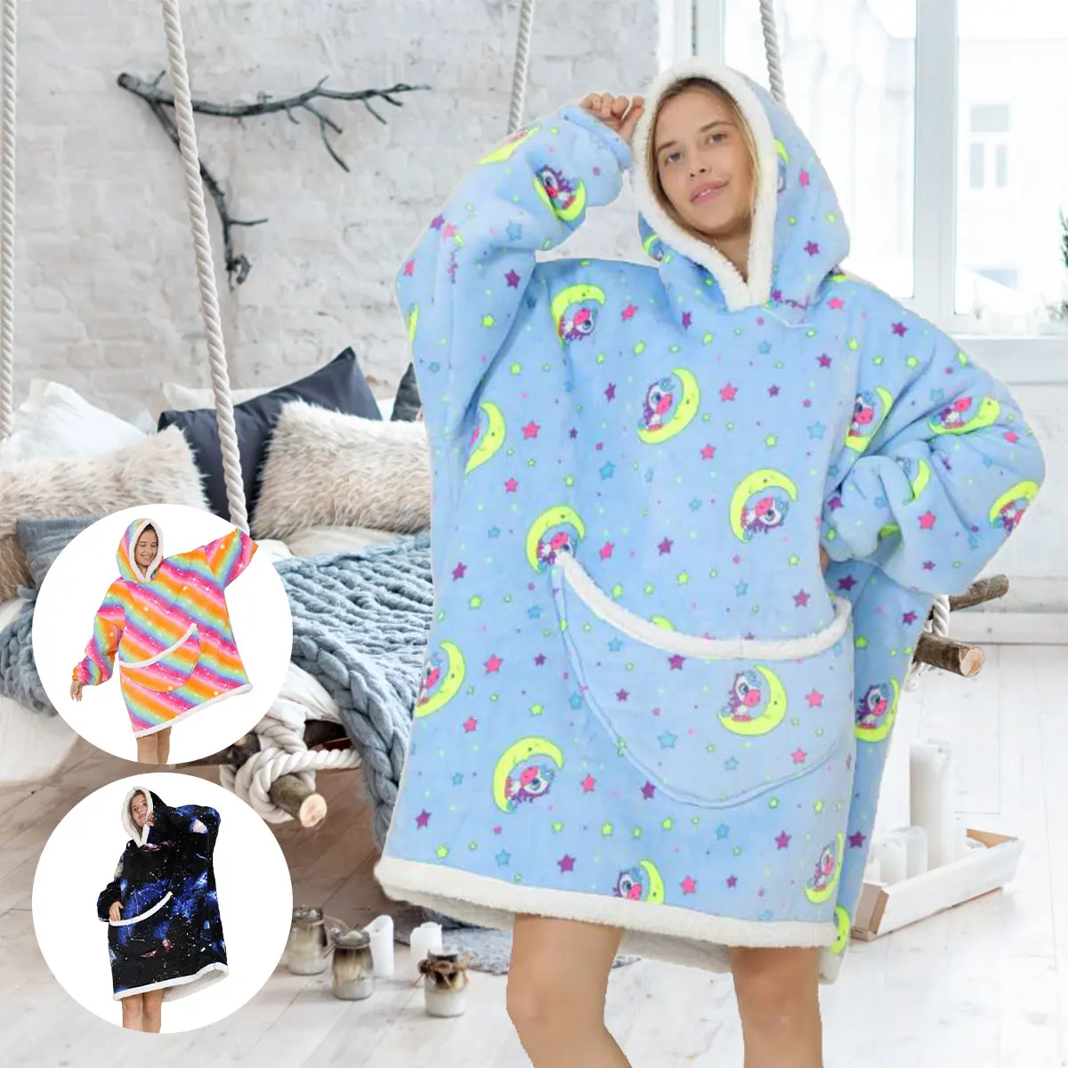 

Зимнее Флисовое одеяло с капюшоном, с рукавами