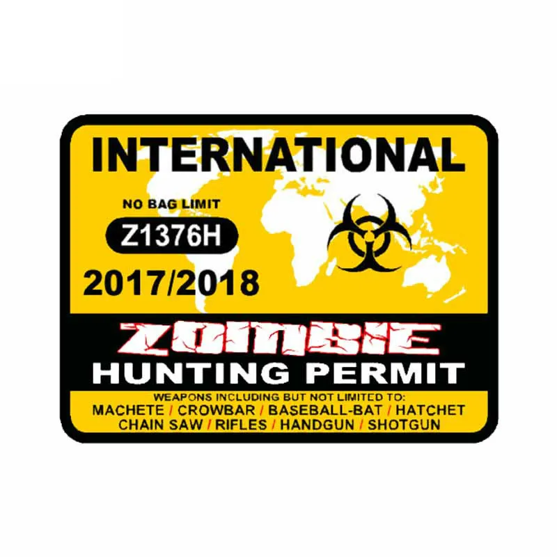 

Creative INTERNATIONAL Zombie Hunting Permit Car Sticker Styling Fashion Bumper Window Motorcycle Decal Accessories KK11*8cm