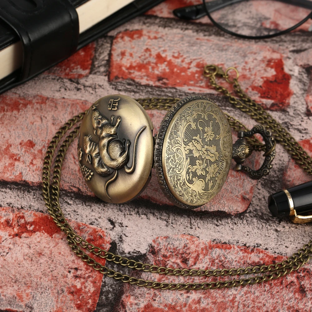 

New Quartz Pocket Watch Chinese Zodiac Mouse Style Pendant Watches Bronze Necklace Chain Steampunk Clock Men Women Gifts reloj