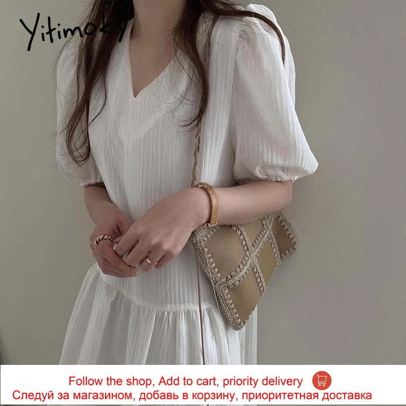 

Yitimoky New High Waist Maxi Dress for Women 2021 Puff Short Sleeve V-Neck Loose Summer Clothing Korean Fashion Blue White Black