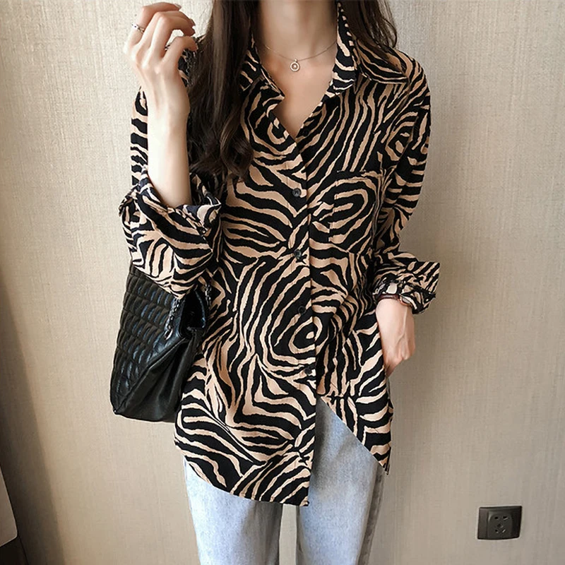 Женские блузки в винтажном стиле с леопардовым принтом рубашки длинным рукавом и