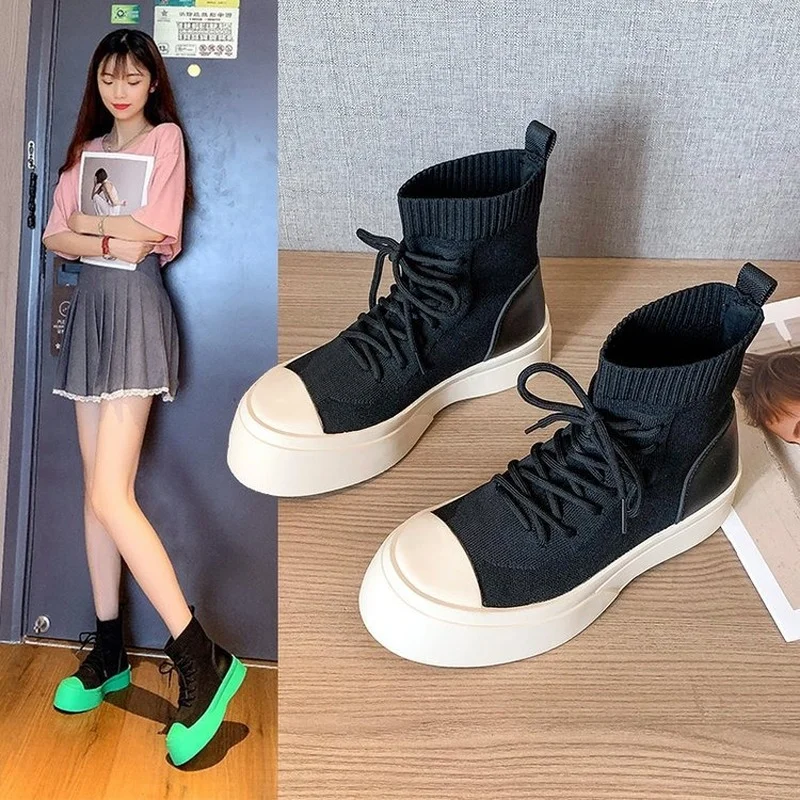 

Boots Girls 2021 Spring and Autumn New Thick-soled Flying Shoes Trendy Women's Fashion Style Thin Boots Women's Shoes