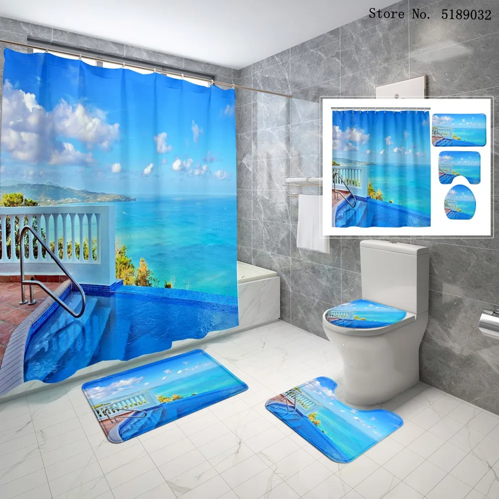 Тропический пляжный синий занавес для ванной крышка туалета коврик океанский
