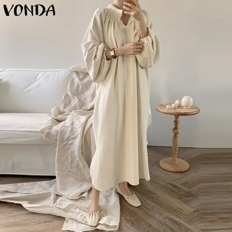 

Женское винтажное платье с V-образным вырезом, яркое повседневное однотонное длинное платье-макси VONDA 2022, женское платье большого размера