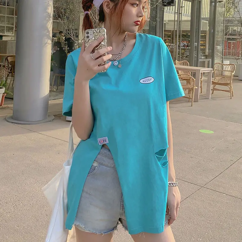 

Летняя женская модная свободная футболка с круглым вырезом и надписью, удобная универсальная женская футболка из хлопка, трендовые топы с р...