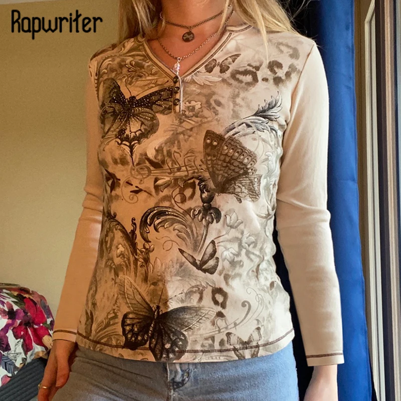 

Rapwriter Classic Printed Crop Top Buttons Patchwork Sweatshirt Women Skinny Long Sleeve Tshirt Harajuku Pullover Y2K Streetwear
