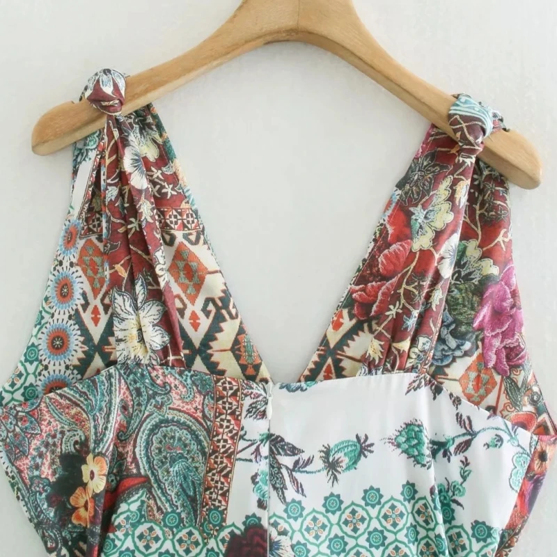 

Vintage Women Patchwork Print Sashes Siamese Wide Leg Pants Casual Female V Neck Loose Jumpsuits P2211