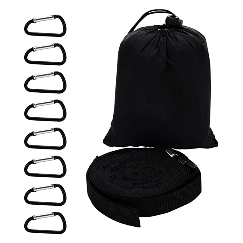 

600D nylon Camping Clothesline Campsite Storage Strap Loop With 19 Carabiner Hooks For Hanging Hammock&Tent Organizer 150 LBS