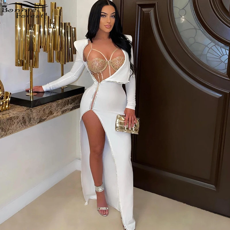 

Bonnie Fores Elegant Off-White Nude Bodysuit Rhinestone Embellished Dress Set Womens High Slit Party Dresses Celebrities Outfits