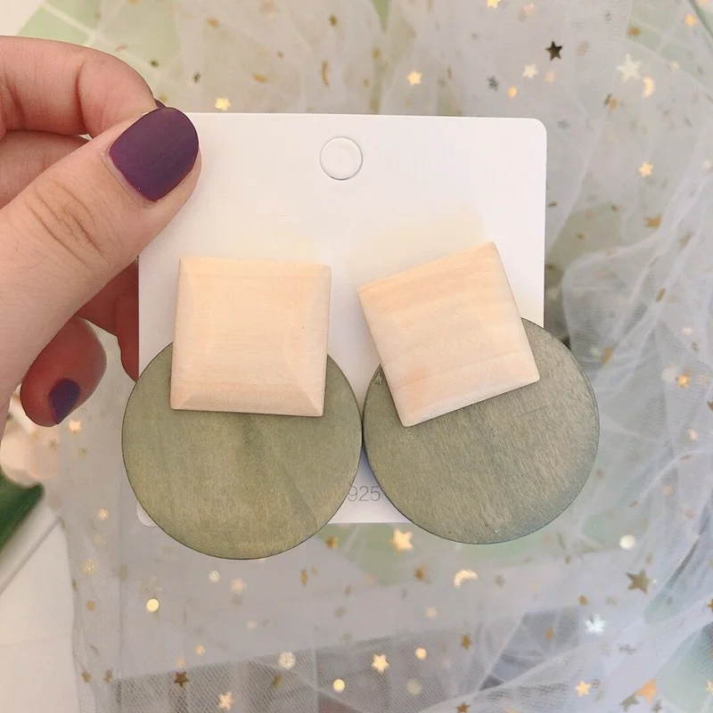 

MENGJIQIAO 2019 New Arrival Autumn Vintage Geometric Round Square Wooden Drop Earrings For Women Statement Boucle D'oreille
