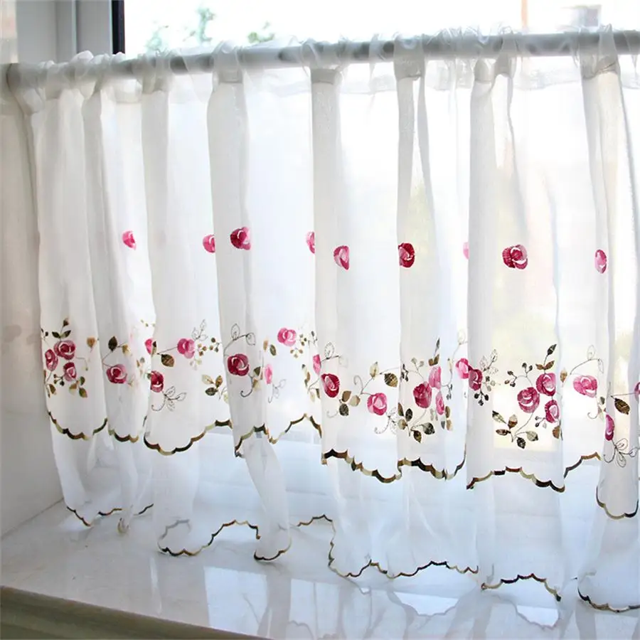 

Korean Pink Embroidery Double-layer Half Curtain Bedroom Decoration Kitchen Lace Tulle Drapes Short Curtain Fabric MY083#5
