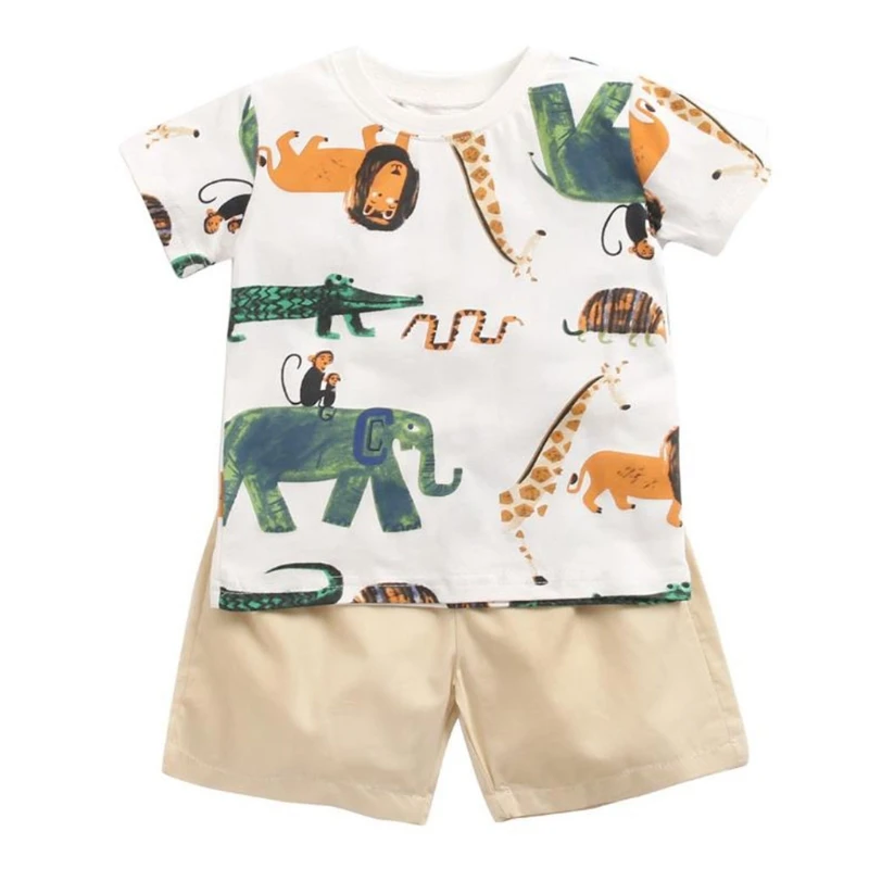 

85DE Cartoon Animal Print Short Sleeve T-shirt + Shorts Two-piece Baby Boys Clothes Summer Newborn Kid Suit Outfit Baby Cloth