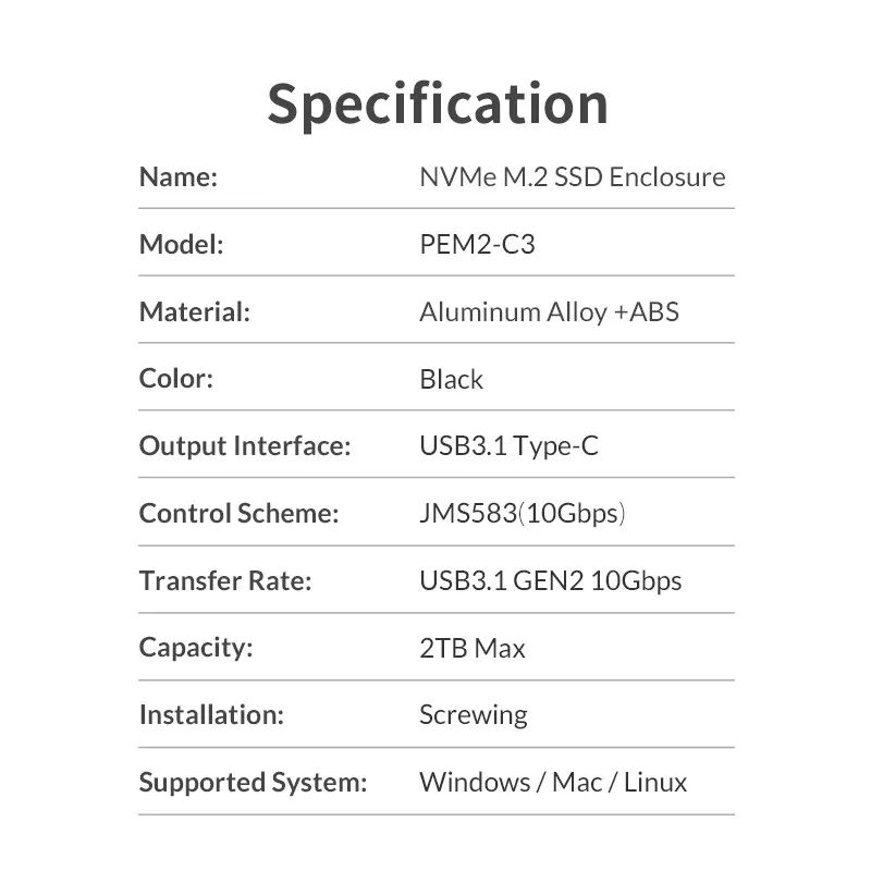 ORICO M.2 Накопитель SSD с протоколом NVME корпус Тип C USB 3,1 SSD корпус Поддержка 10 Гбит/с UASP M.2 USB NVME корпус алюминиевый жесткий диск коробка