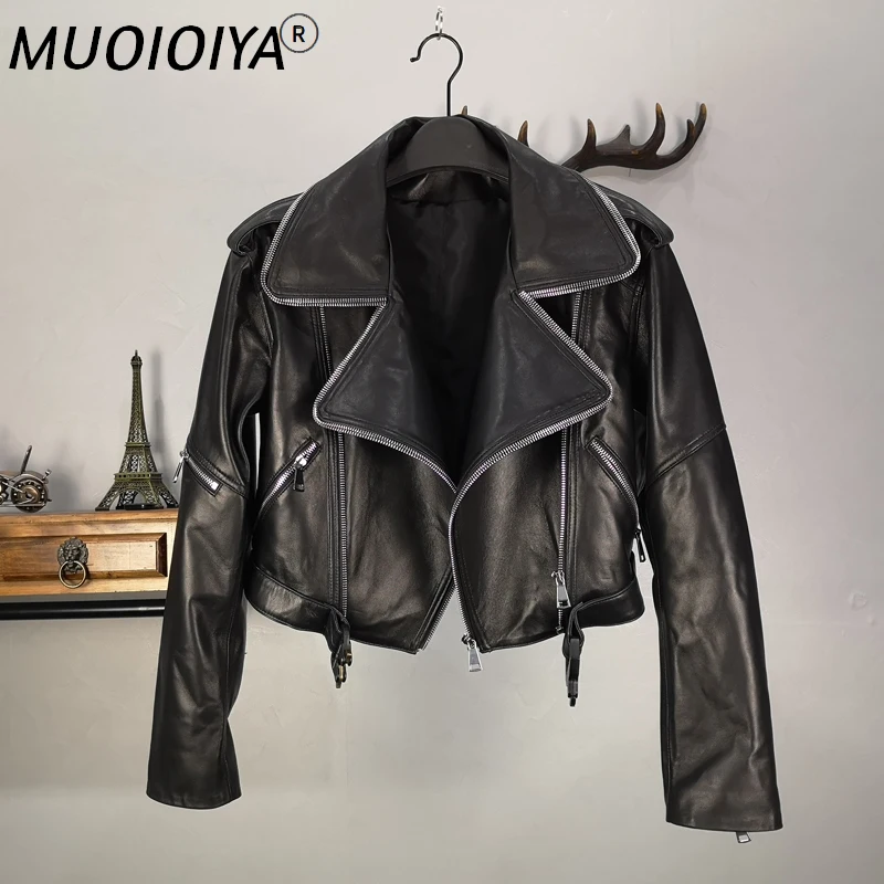 

Куртка женская короткая из натуральной овечьей кожи, мотоциклетный пиджак в стиле панк/готика, уличная одежда в байкерском стиле, черная ко...