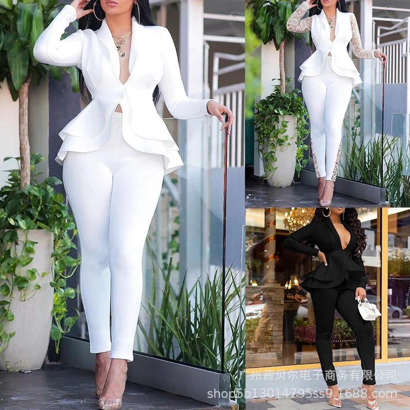 

WEPBEL Women's Casual Solid Color Slim Patchwork Suit Summer High Waist Pencil Pants + Long Sleeve Ruffled V-neck Coat Suit