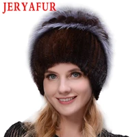 jeryafur new style rabbit fur hat knitted wool fashion mink and fox fur hat winter womens trip ski hat protects ears russian