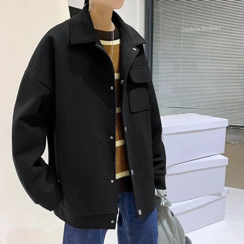 

Autumn Short Woolen Coat Men's Fashion Solid Color Retro Casual Woolen Jacket Men Streetwear Loose Korean Style Woolen Coat Mens