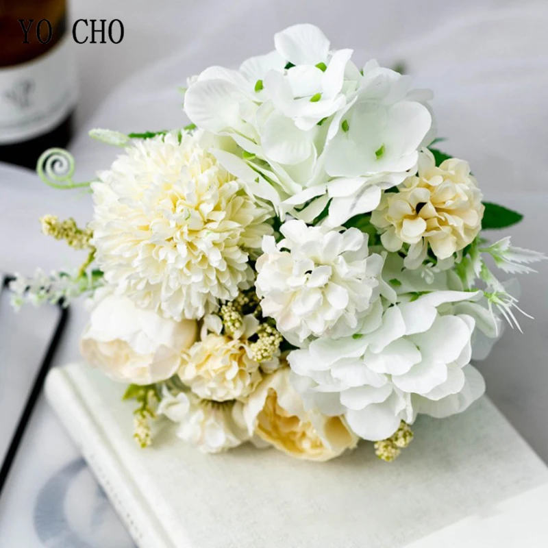 peony-white Йо Чо Свадебный букет Искусственный шелк розовый цветок пиона невесты букет розовая Гортензия помпон бутон ванильный Спайк свадебные принадлежности - Цвет: peony-white