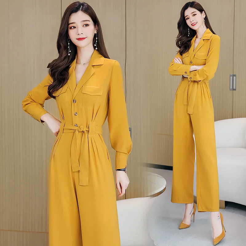 

Chiffon Jumpsuits For Women 2021 Spring Autumn Fall High Waist Long Sleeve One Piece Rompers Casual Ladies Wide Leg Pants Suits