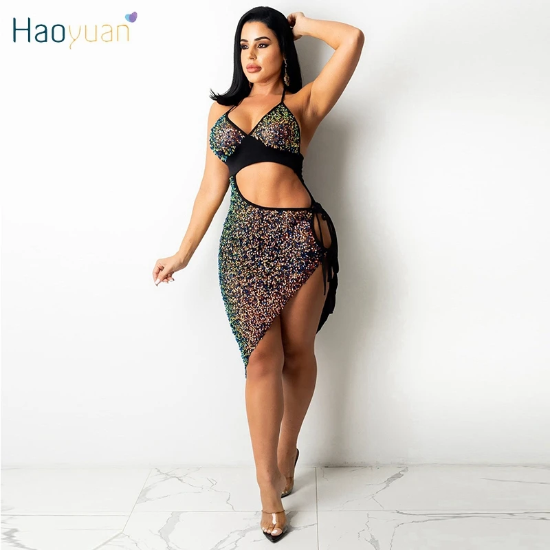 

HAOYUAN Rhinestone Sequin Dress Off Shoulder Women Birthday Outfits Asymmetry High Split Bandage Y2k Clothing Club Mini Dresses