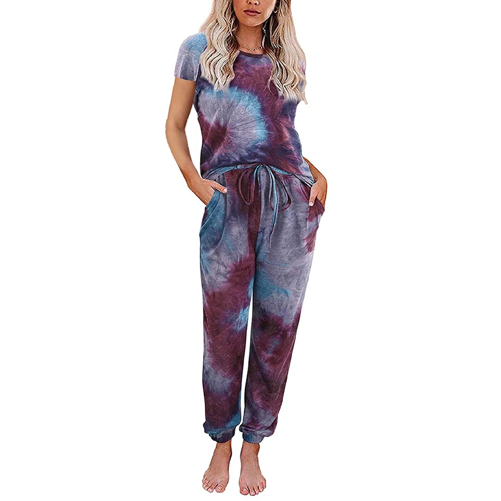 

Women Tie-Dye Pajama Sets Summer Casual Sleepwear Nightwear Short Sleeve Top Shirt and Drawstring Pants 2 Pieces Loungewear