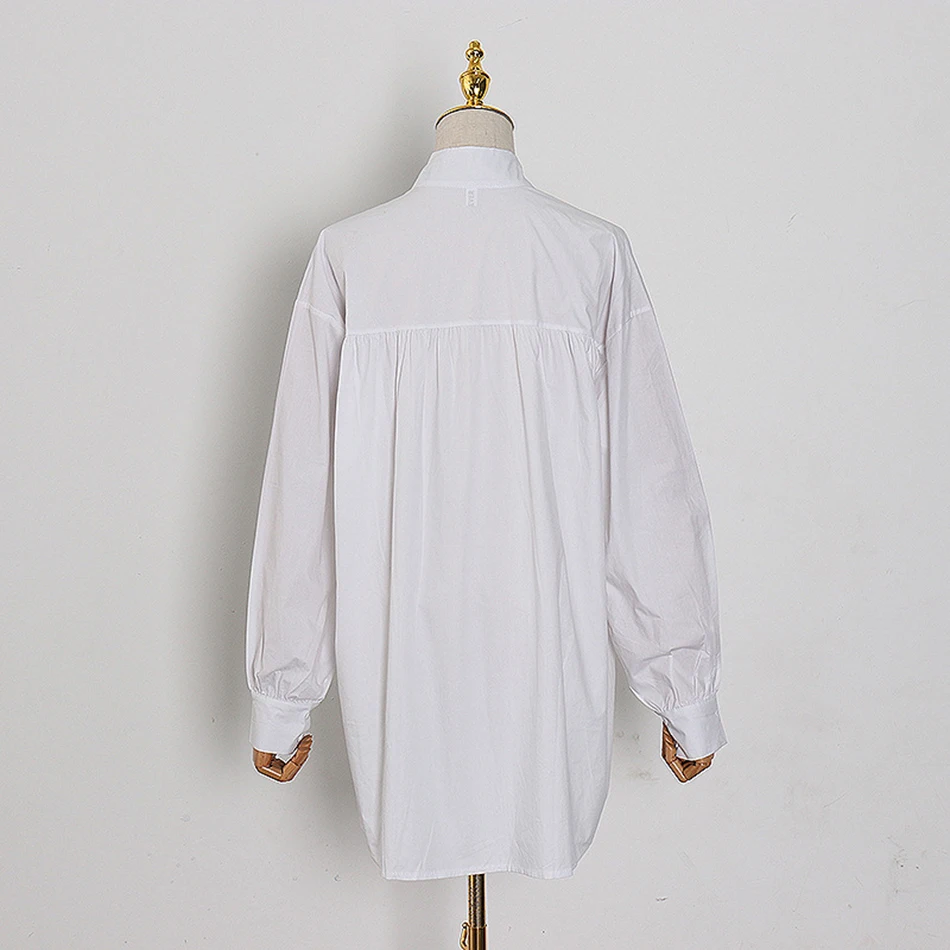 

Patchwork Casual White Shirt for Women Stand Collar Long Sleeve Bow Loose Single Breasted Top 2021 Summer Fashion New Clothes