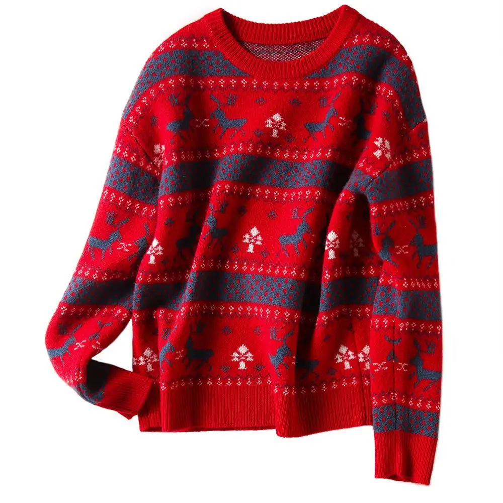 

Red Christmas festive Chinese New Year Spring Festival red female elk jacquard circular knitting sweater collar contracted and r