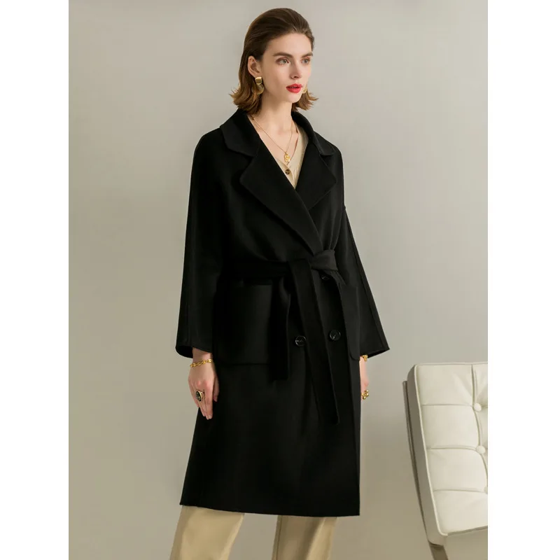

Женское зимнее шерстяное пальто, новинка 2021, двубортное кашемировое винтажное элегантное пальто, модная верхняя одежда, Черное длинное пал...