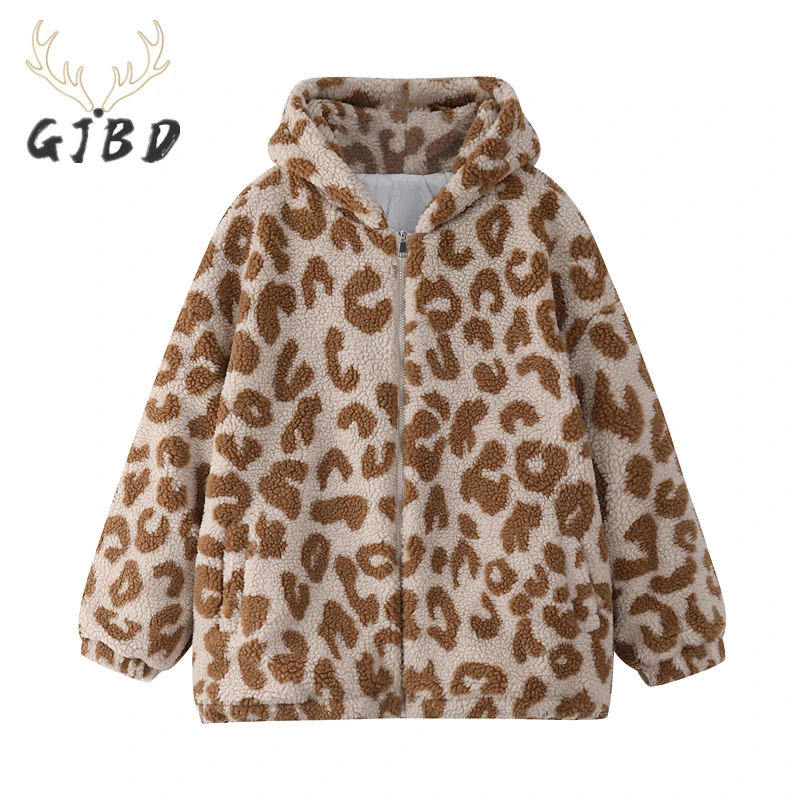 

Women's Hooded Lamb Plush Jackets Winter Leopard Print Baggy Thick Warm Female TOPs Zipper Cardigan Cotton Padded Coat Outerwear