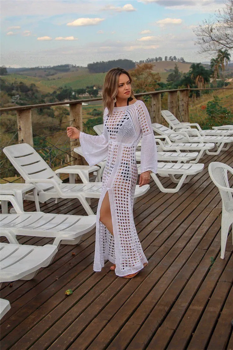 

Summer Flare Sleeve Crochet Beach Dress Women Fashion Tunic Swim Bikini Cover Up Sexy Hollow Out Side Split Maxi Sarong Bathing
