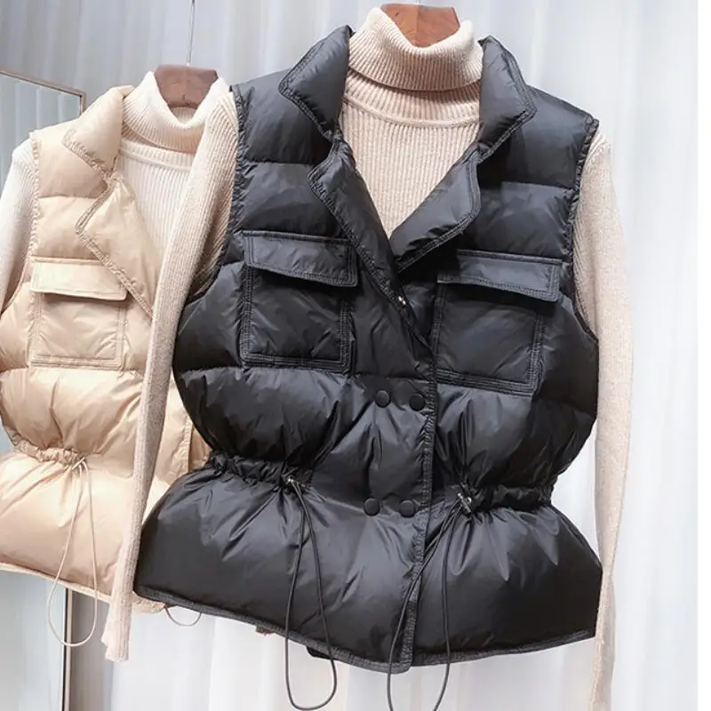 

Winter Vest Women Short Sleeveless Vest Jacket Lightweight BodyWarmer Waistcoat Female White Gilets Windbreaker Slim Parkas Coat