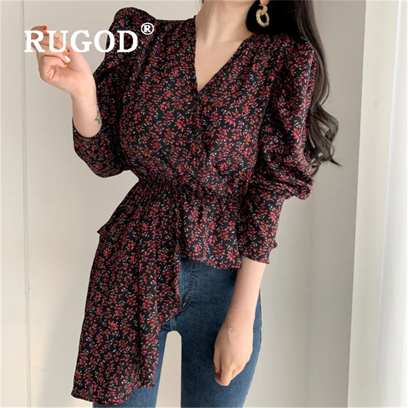 Женская блузка с оборками RUGOD винтажная v образным вырезом и длинным рукавом