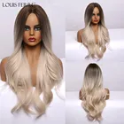 Длинные Платиновые синтетические парики LOUIS FERRE с водной волной для женщин, высокотемпературные искусственные волосы, косплей, светлые парики с коричневыми корнями