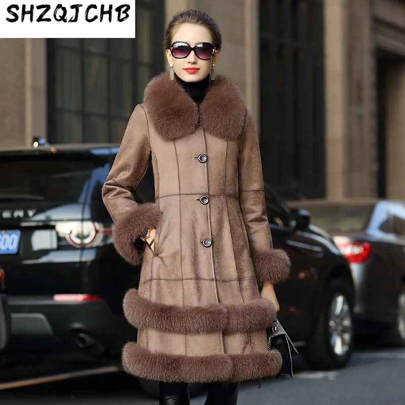 

SHZQ Новое Женское слитное пальто из кроличьего меха средней и длинной тонкой и очень большой лисьей меховой воротник для женщин